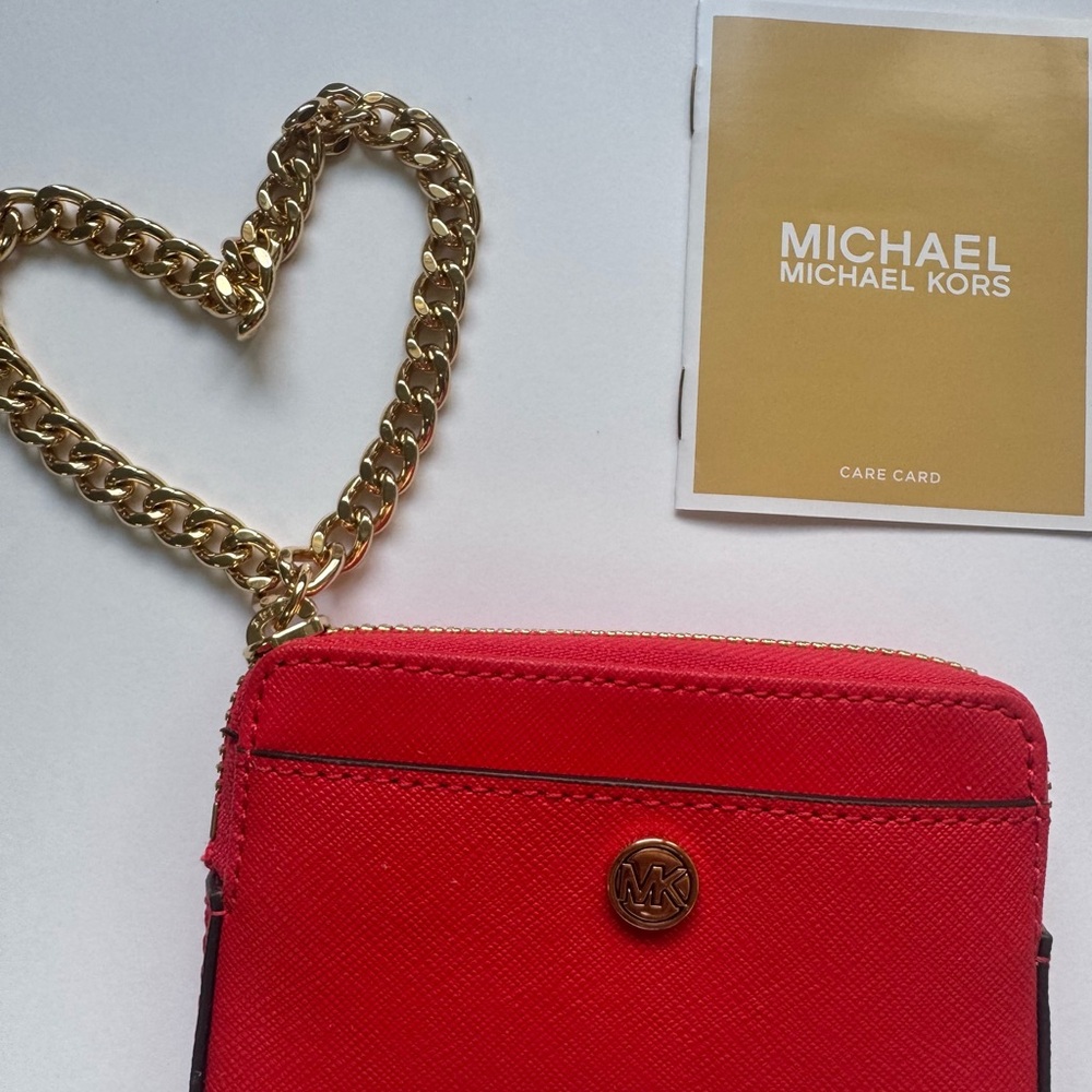 Michael Kors Red Mini Coin Wristlet with Gold Chain